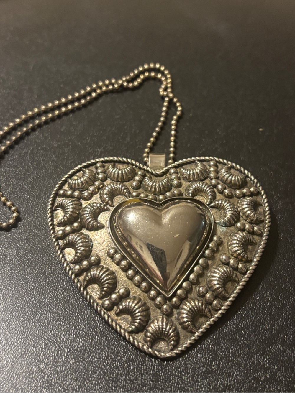 Ornate Silver Heart Pendant Necklace Southwestern Concho Heart